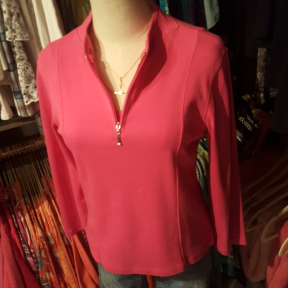 RAFAELLA ♡ NWOT Bright Pink 3/4 Length Front Zip Long Sleeve Athletic Top M - Picture 7 of 12